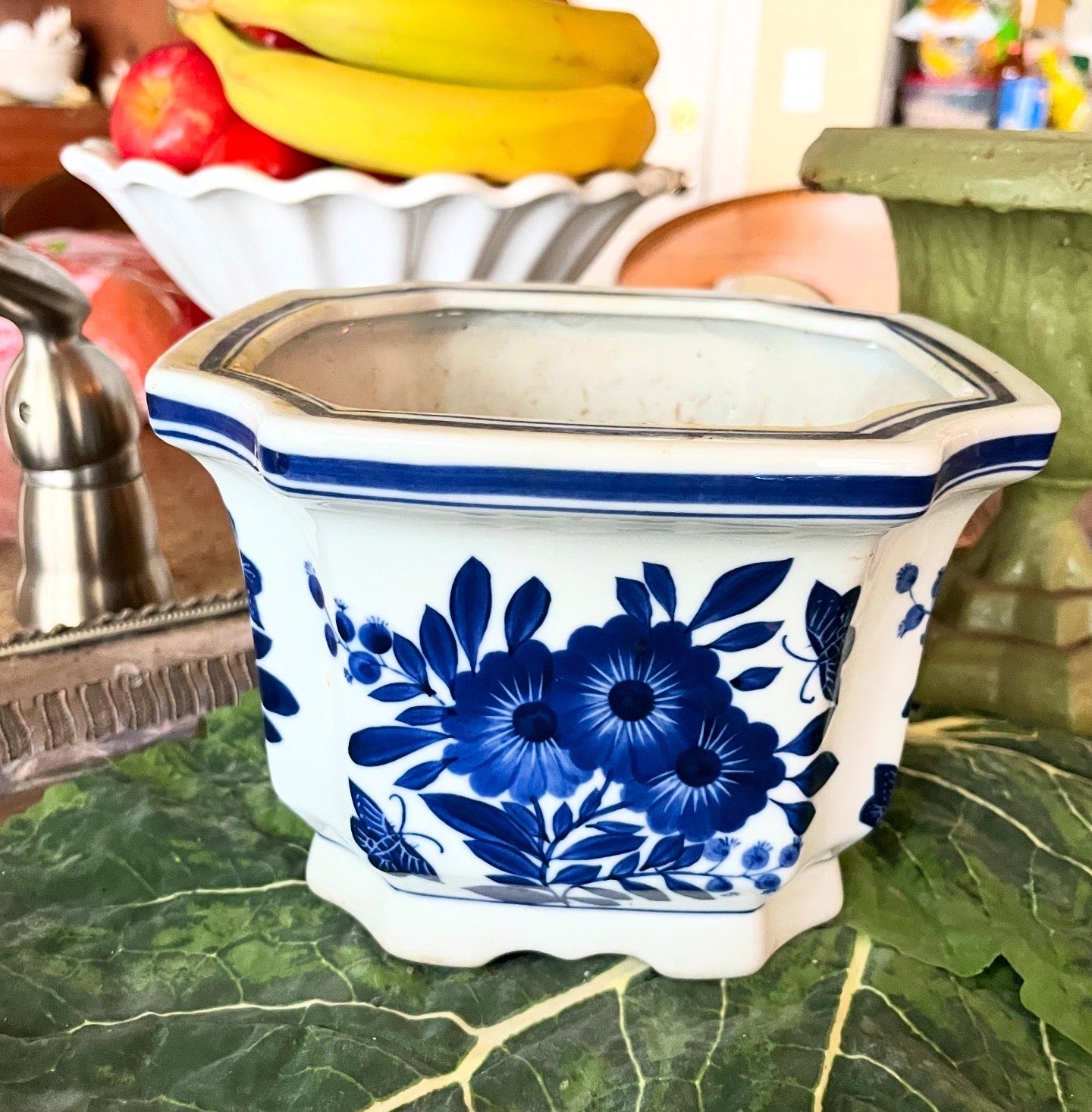 Large Blue & White Floral Planter