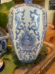 Blue & White Jar w/Foo Dog Lid
