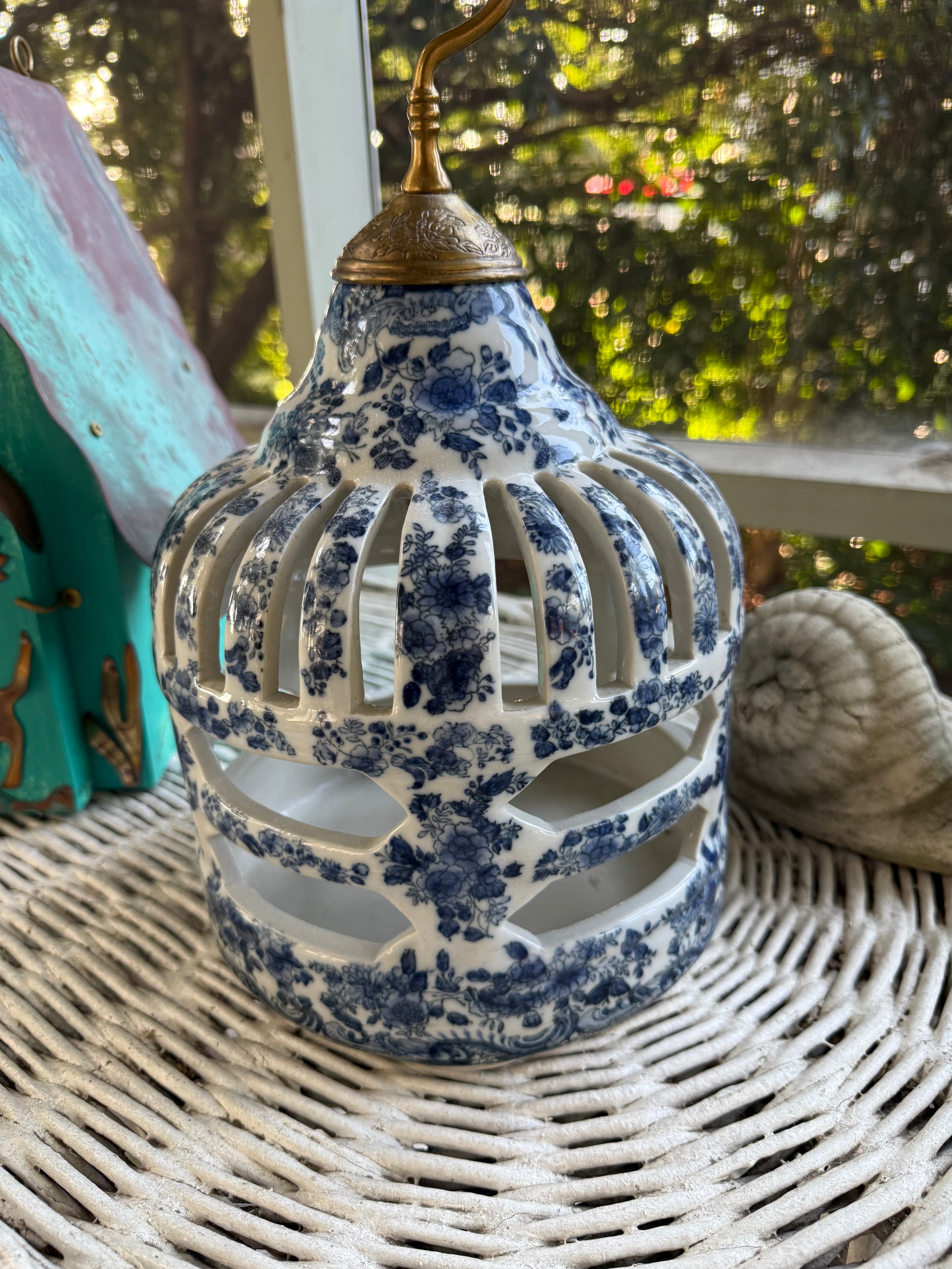 Blue & White Bird Feeder/Candleholder