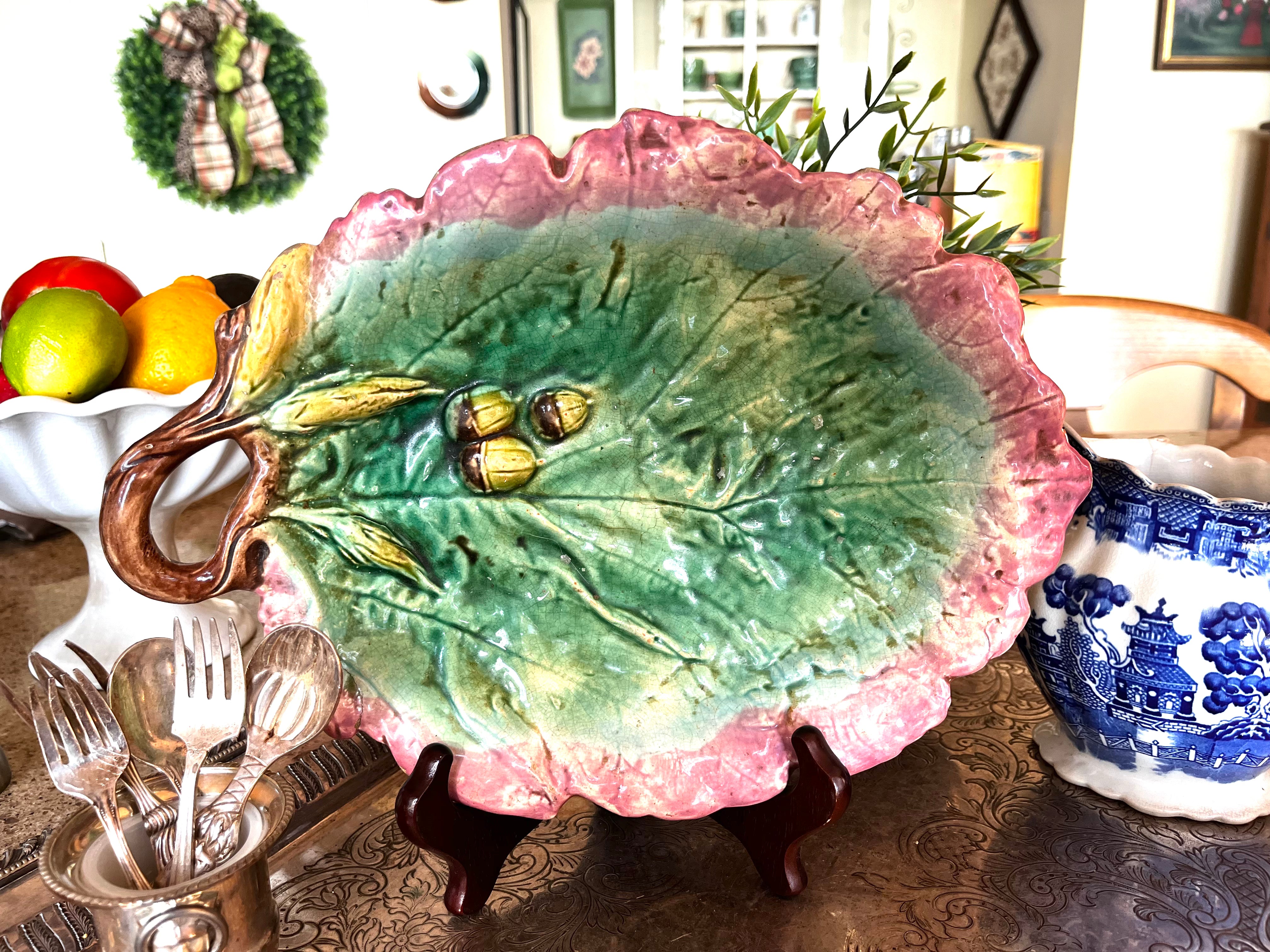 Pink & Green Majolica Acorn Platter