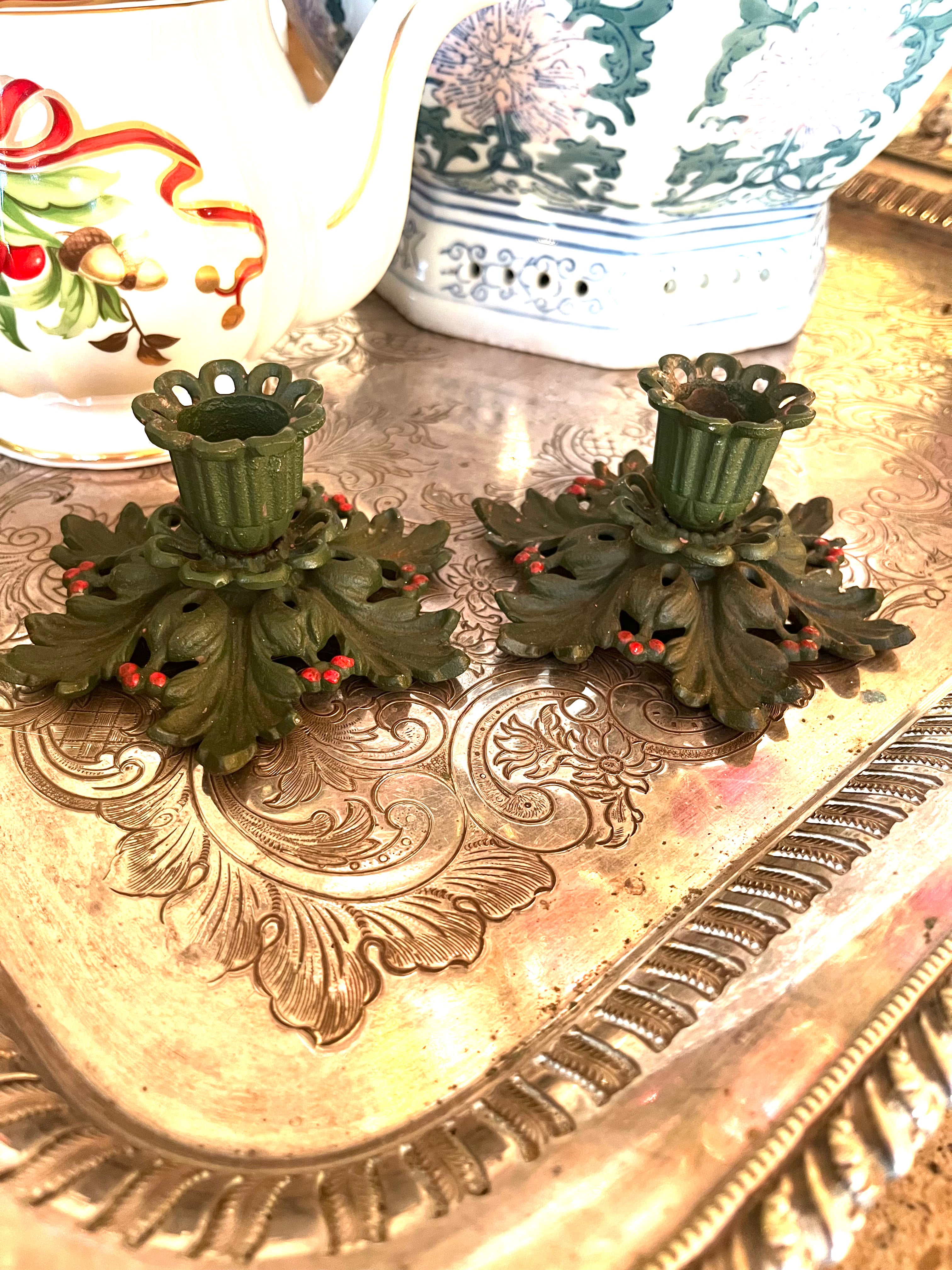 Vintage Metal Leaf & Berry Candleholders