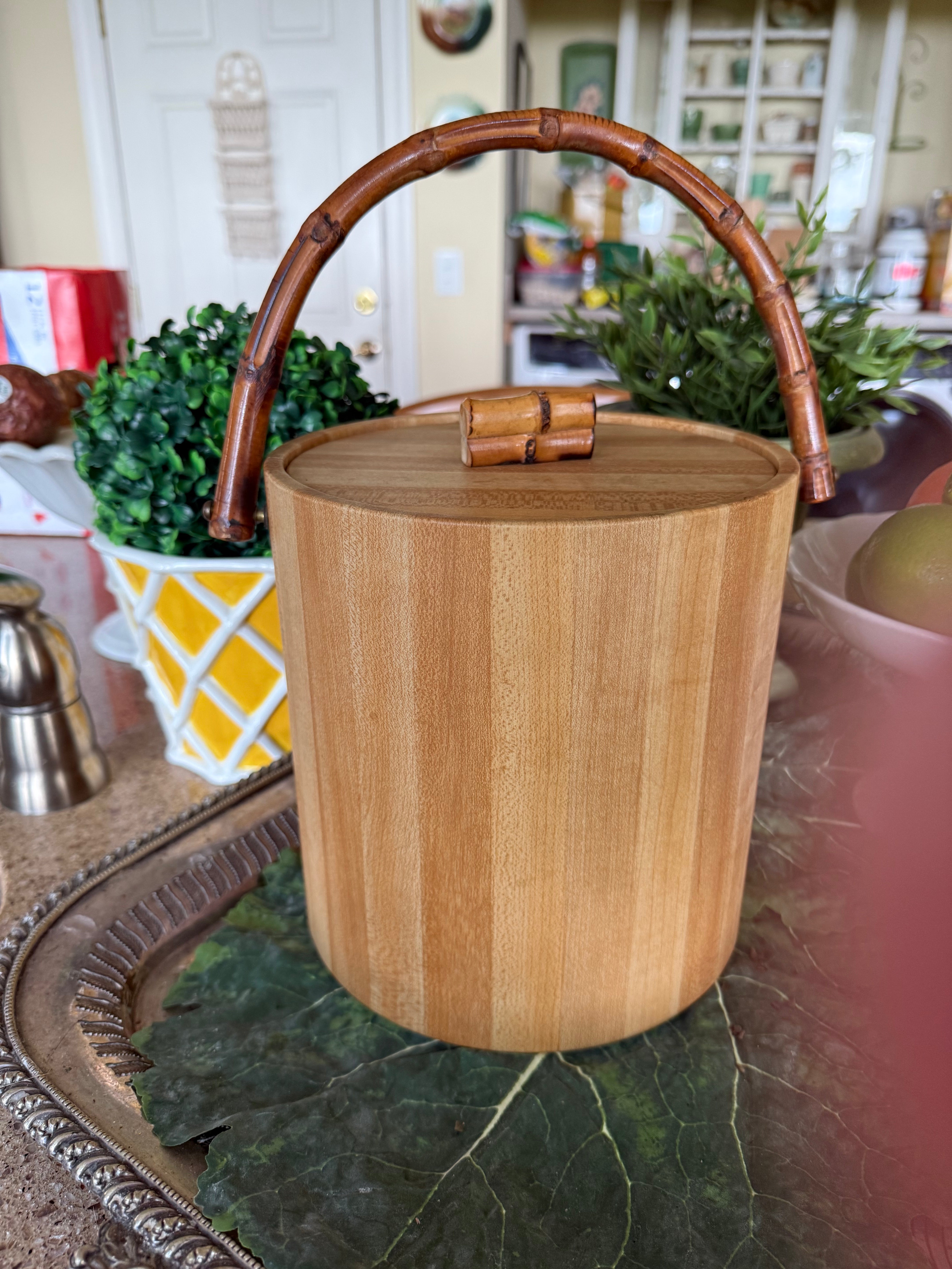 MCM Vinyl Ice Bucket w/ Bamboo Handle
