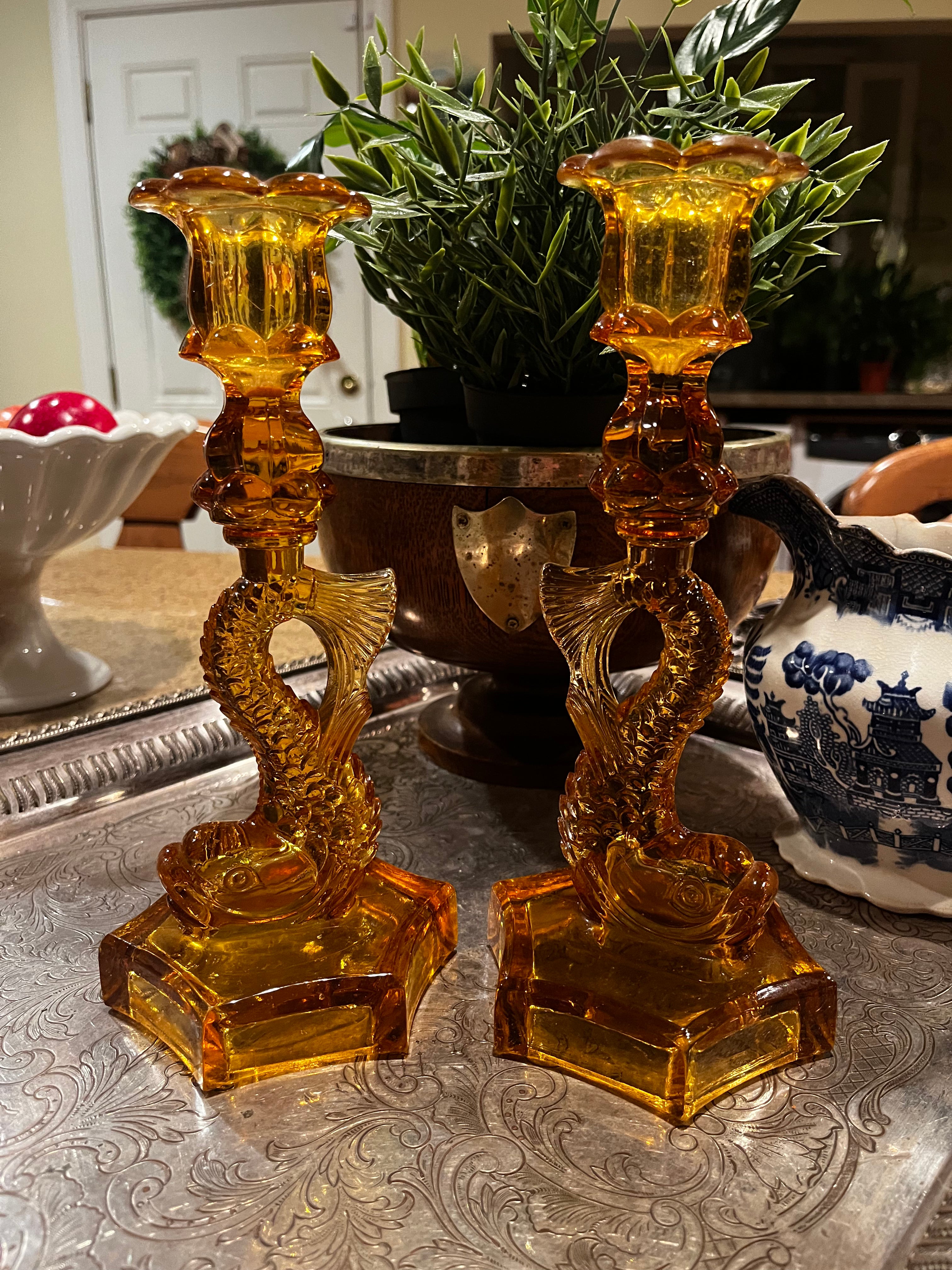 *RARE* Amber Glass Koi Candlesticks