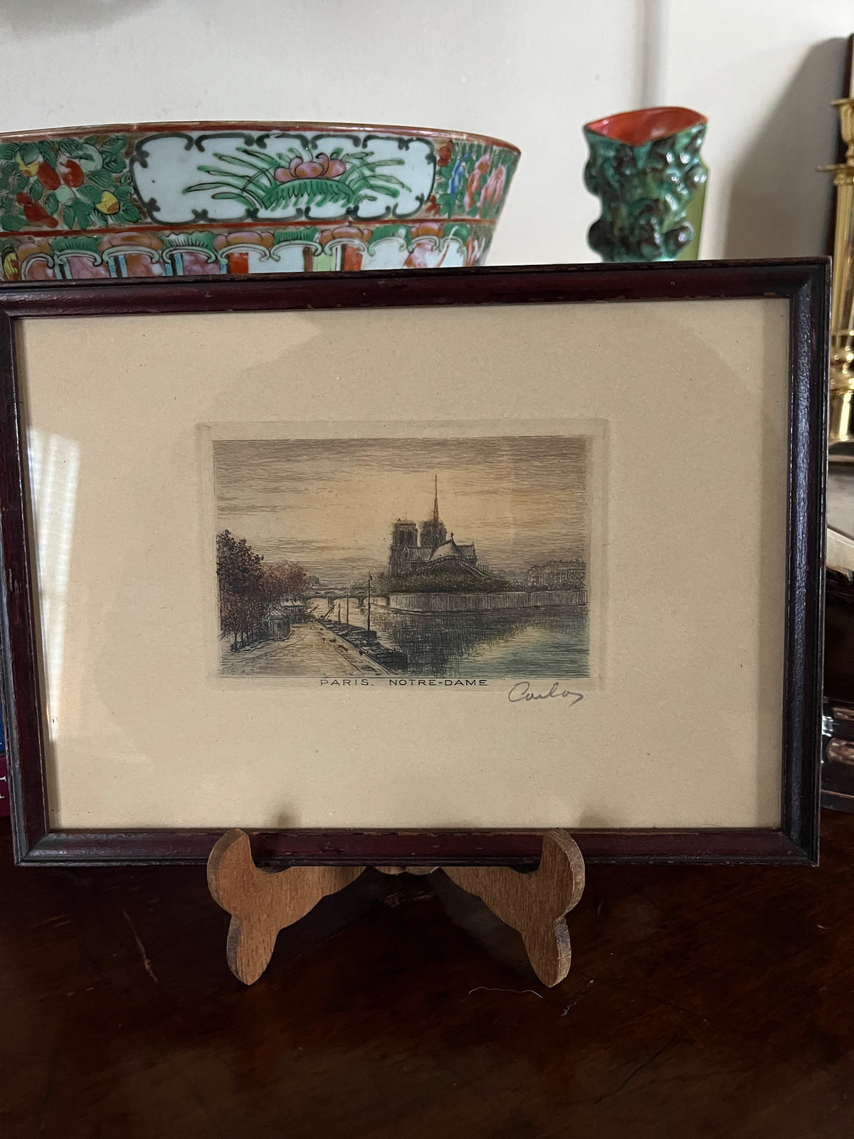 French Hand Colored Etching Of Notre Dame