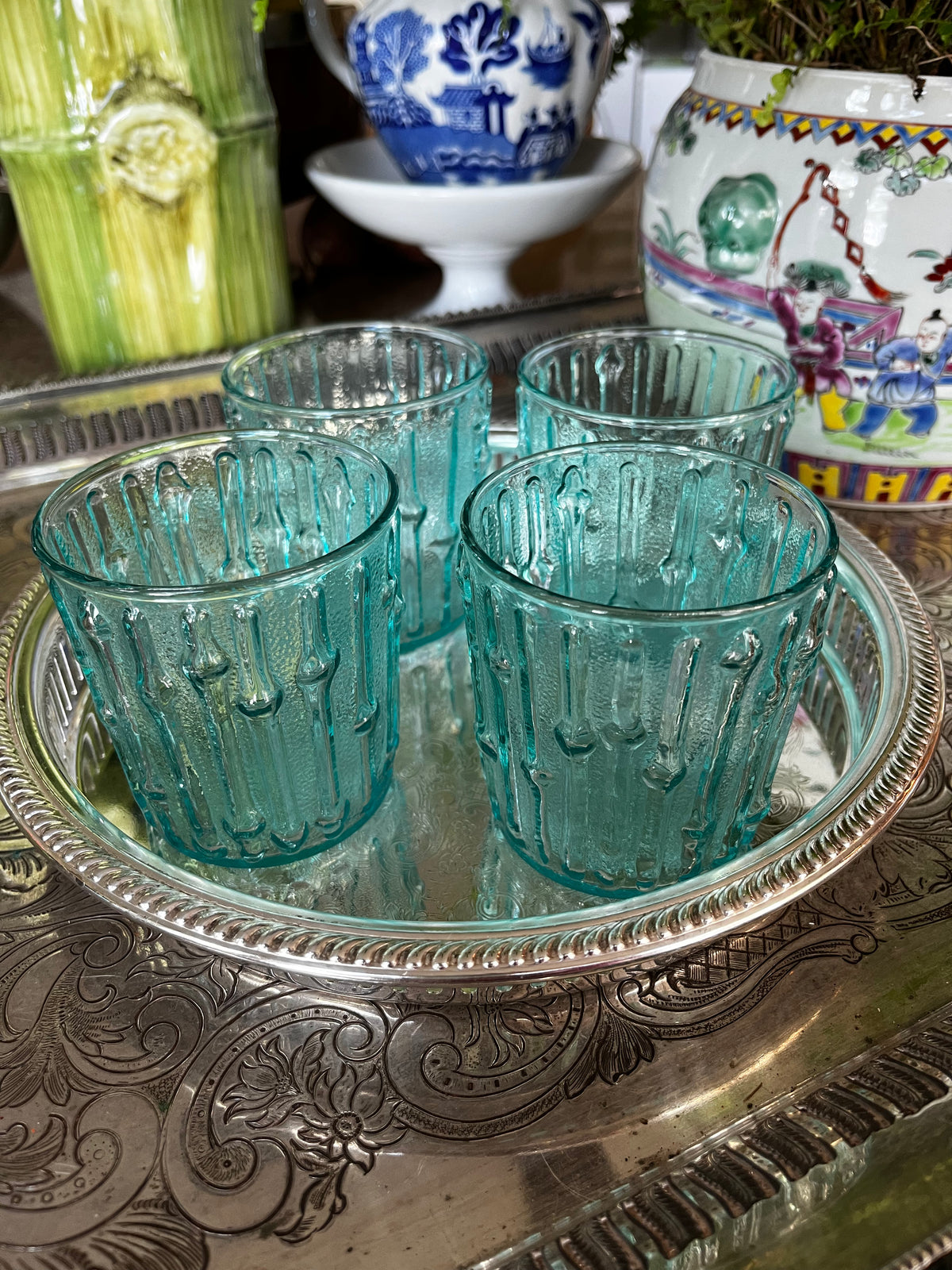 Set of 4 Anchor Hocking Tahiti Aqua Bamboo Rocks Glasses