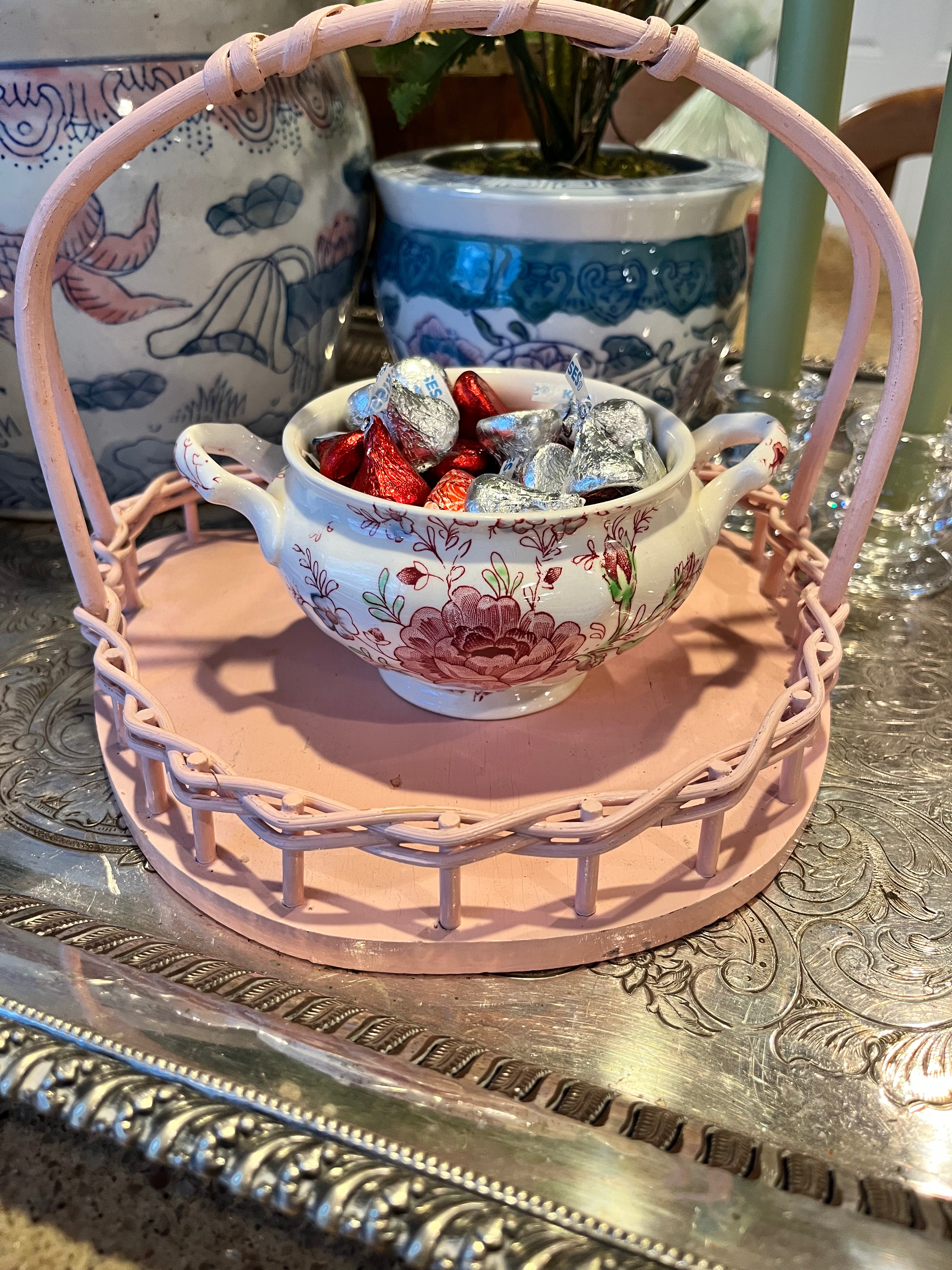 Pink Wicker Handled Tray