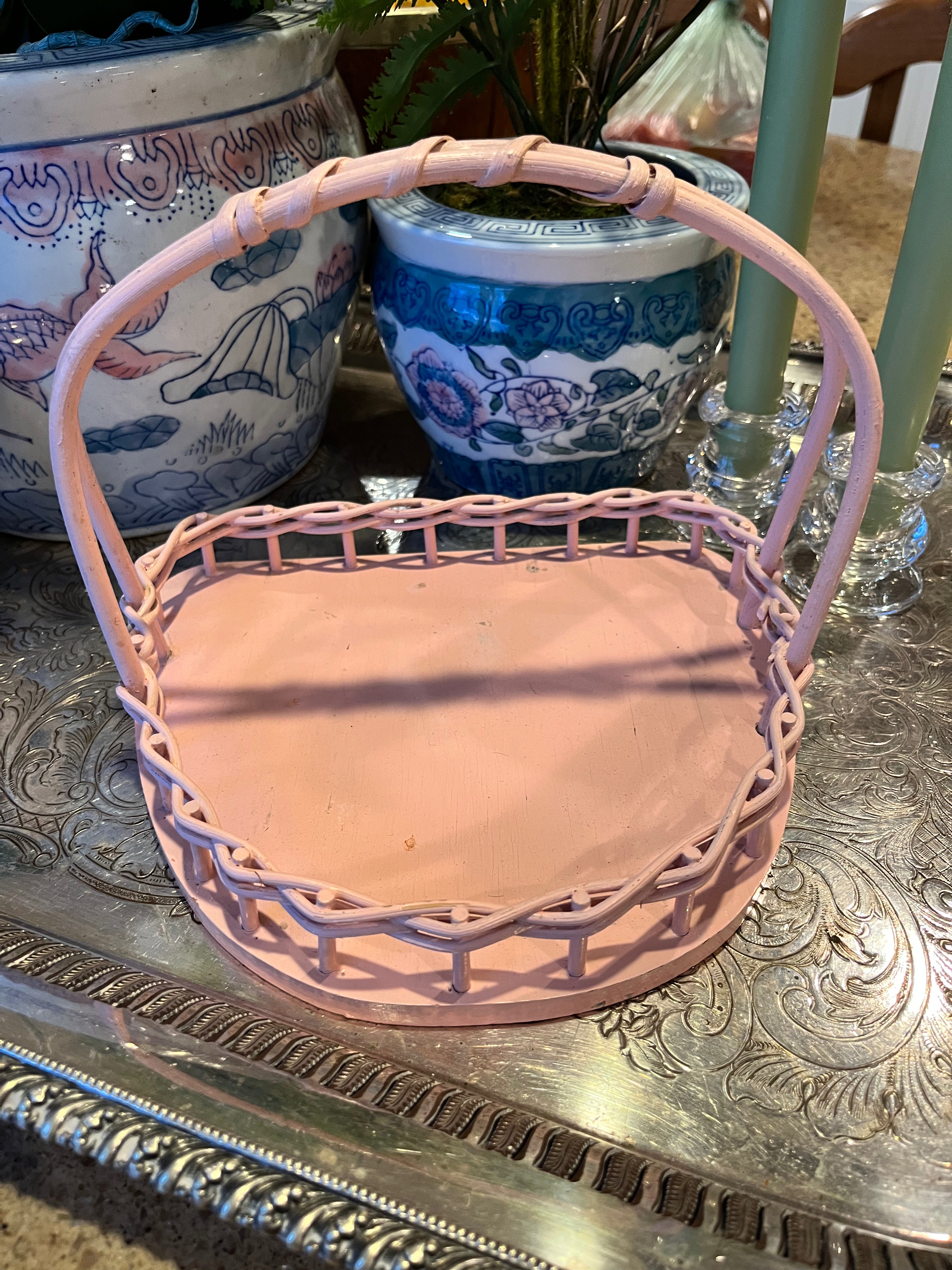 Pink Wicker Handled Tray