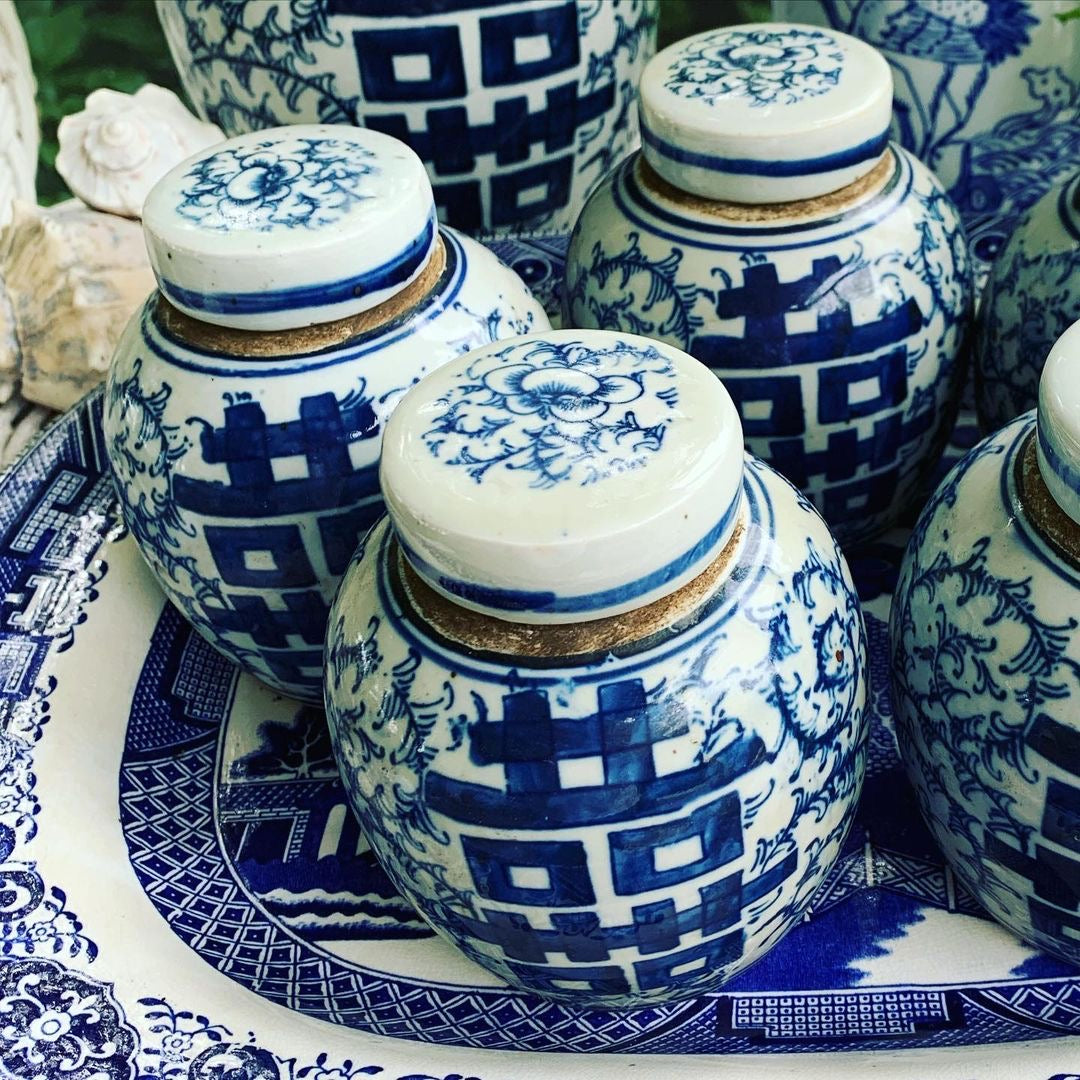 Blue and White Mini Double Happiness Ginger Jar, 4.5”