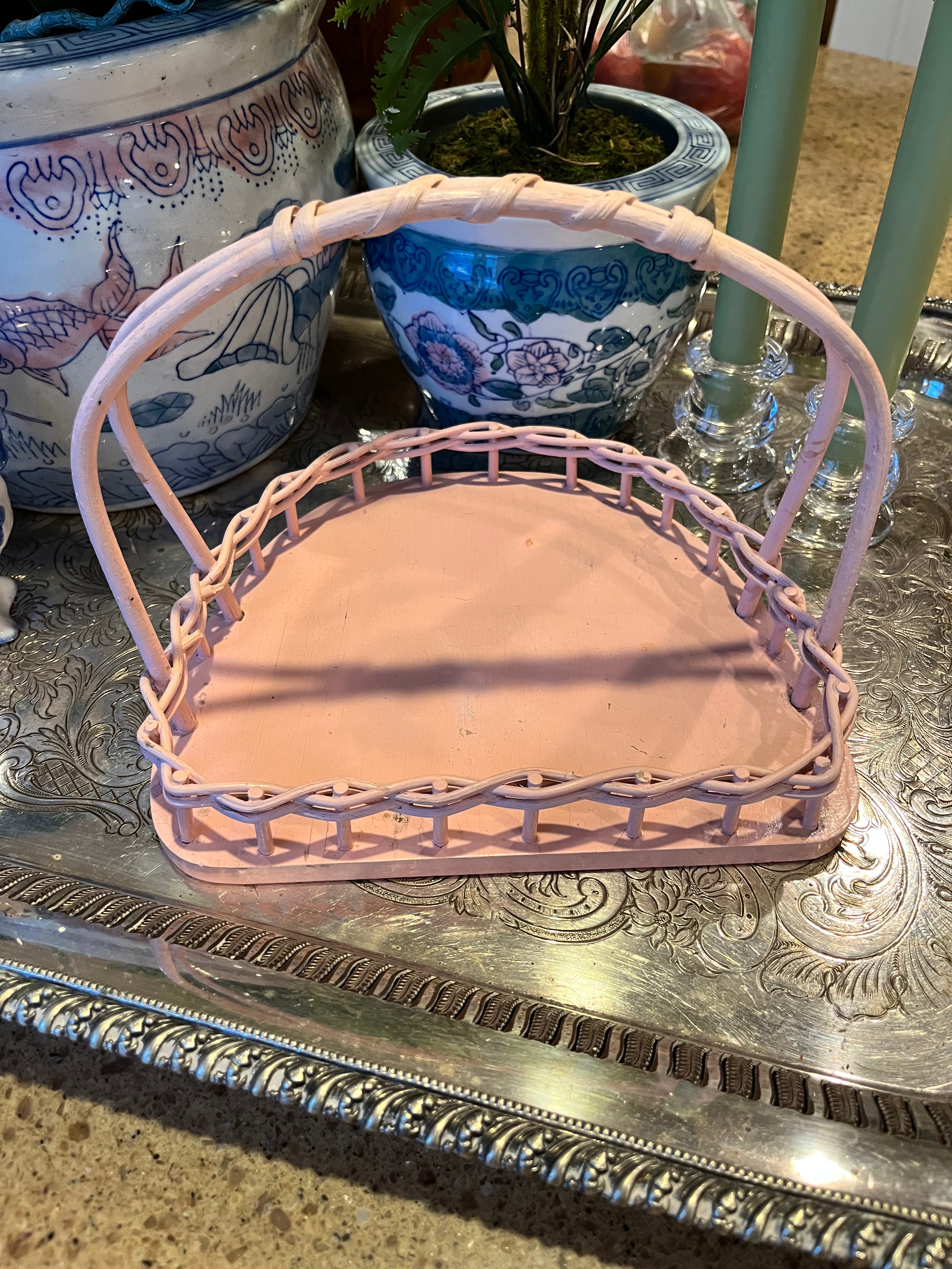 Pink Wicker Handled Tray